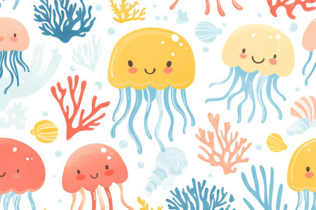 Seamless pattern with cheerful jellyfish, seashells, and coral in bright pastel colors for an ocean-themed children's fabric or wallpaper.の素材