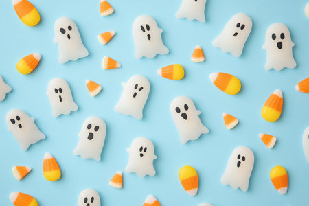 A whimsical Halloween pattern with cute ghosts, candy corn, and little broomsticks, all arranged neatly on a soft pastel blue background.の素材