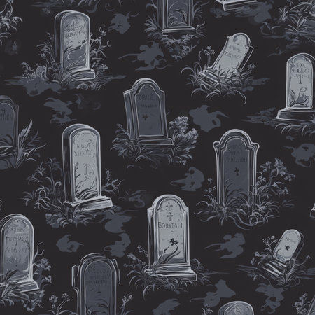 Repeating pattern of hand-drawn gravestones with eerie fog swirling around, rendered in dark gray tones, on a deep black background.の素材