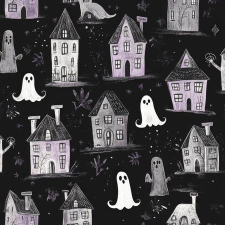 Repeating pattern of spooky haunted houses and ghosts, drawn in hand-drawn style with subtle gray and purple tones, against a black background.の素材