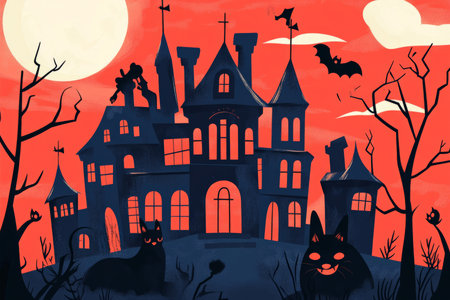 A collection of flat Halloween designs featuring haunted mansions, full moons, and black cats in a bright, bold, and simple style.の素材