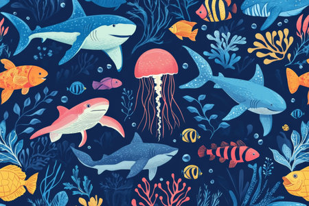 Seamless pattern with jellyfish, sharks, and sea turtles swimming among tropical fish, in bold, colorful tones for a lively ocean wallpaper.の素材