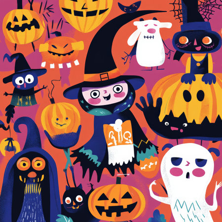 Collection of flat Halloween characters with a focus on pumpkins, witches, and monsters, designed with bright, engaging colors and shapes.の素材