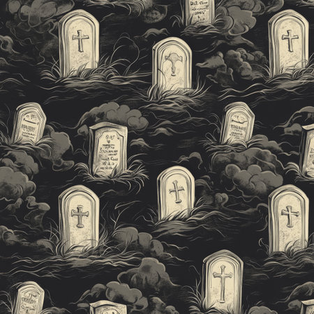 Repeating pattern of hand-drawn gravestones with eerie fog swirling around, rendered in dark gray tones, on a deep black background.の素材