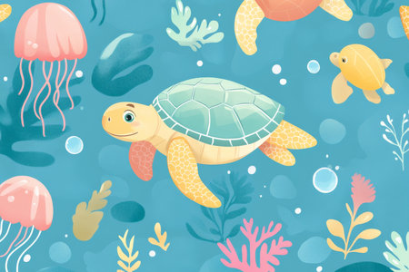 A whimsical seamless marine pattern with turtles, jellyfish, and bubbles in bright pastels, ideal for a playful underwater-themed wallpaper.の素材