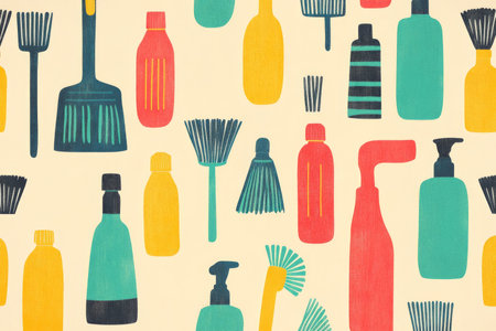 Colorful seamless pattern of soap bottles, scrubbing brushes, and dustpans, in a modern, minimal design for household-themed wallpaper.の素材