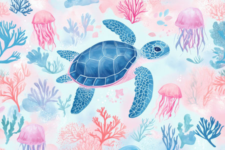 A vibrant seamless design featuring playful sea turtles, jellyfish, and coral reefs in colorful pastels, perfect for a fun marine wallpaper.の素材