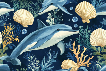 Vibrant seamless marine pattern featuring dolphins, seashells, and coral in bold blues and greens, ideal for ocean-themed wallpaper or fabric.の素材