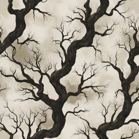Hand-drawn Halloween pattern of creepy trees with twisted branches, rendered in dark brown and black tones, on a soft gray background.の素材