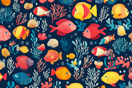 Seamless marine pattern with colorful fish, coral, and seashells in a fun, repeating design for ocean-inspired wallpaper or fabric.の素材