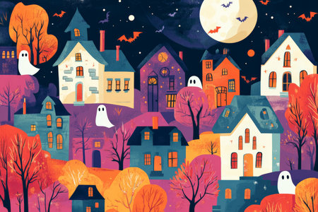 A flat design Halloween element collection featuring spooky houses, full moons, and friendly ghosts, with bright and bold color schemes.の素材