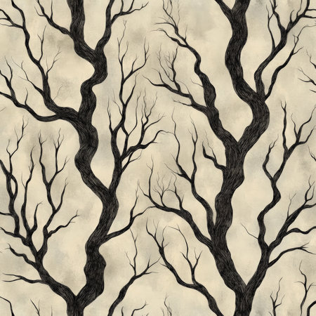 Hand-drawn Halloween pattern of creepy trees with twisted branches, rendered in dark brown and black tones, on a soft gray background.の素材