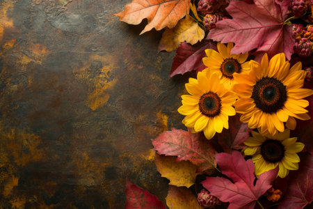 A rustic floral background with sunflowers, marigolds, and autumn leaves, capturing the warm tones of fall.の素材