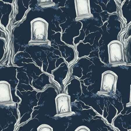 Seamless pattern of hand-drawn tombstones and eerie trees, rendered in soft gray tones, scattered across a dark blue background.の素材