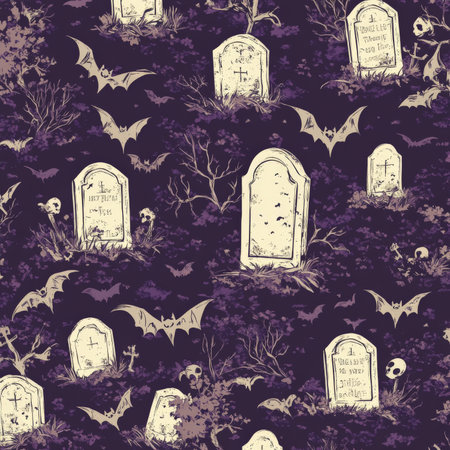 Seamless Halloween pattern of spooky gravestones and bats flying in the sky, rendered in hand-drawn style with soft gray tones, on a deep purple background.の素材