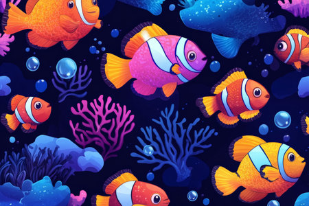 Seamless pattern with colorful clownfish, coral, and bubbles, arranged in a lively, oceanic design for children's prints or fabric.の素材