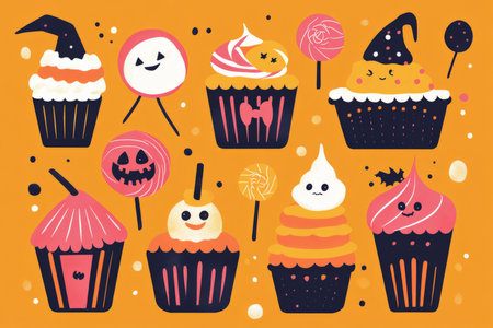 Flat design Halloween collection of candy corn, lollipops, and cupcakes decorated with spooky faces, in cheerful, bold colors.の素材