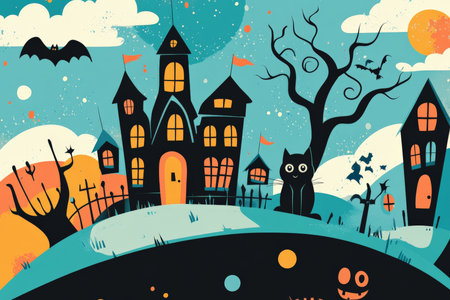 Flat design Halloween elements including a haunted house, black cat, and spooky tree, all illustrated in bright, bold colors for a fun and modern feel.の素材