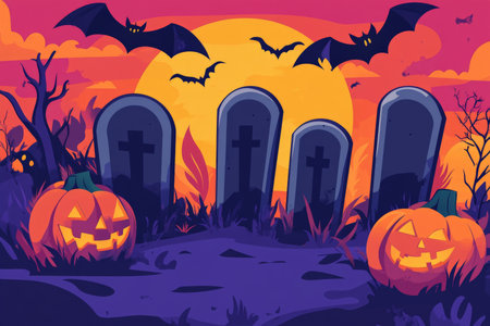 Flat design Halloween elements featuring gravestones, jack-o-lanterns, and bats, illustrated in bold colors with simple, minimalistic designs.の素材