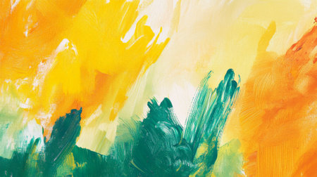 Bright and bold watercolor oil painting in shades of yellow, orange, and green, with energetic brushstrokes creating a lively and vibrant abstract backdrop.の素材