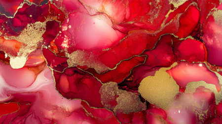 Alcohol ink liquid art with bold red and gold, creating a vibrant marbled texture with flowing organic shapes.の素材