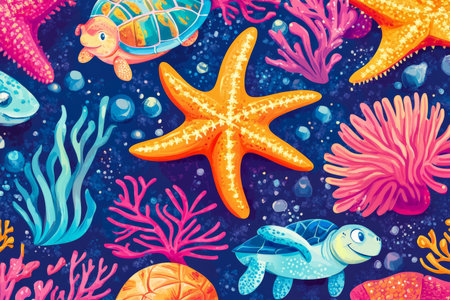 A whimsical seamless marine design of colorful starfish, sea turtles, and coral reefs, ideal for underwater-themed children's prints.の素材