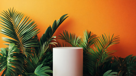 A minimalist white podium surrounded by tropical palm leaves, set against a bold orange wall for a clean and vibrant tropical backdrop.の素材