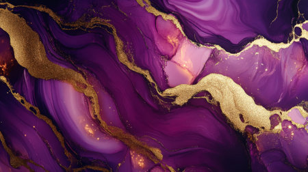 Alcohol ink liquid art in rich plum and gold, with bold swirling patterns and intricate marbled shapes for a dynamic visual.の素材