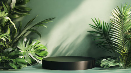 A matte black podium surrounded by oversized tropical foliage, set against a soft pastel green wall for a bold, modern, and natural look.の素材