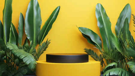 A circular podium with a matte black finish, surrounded by vibrant green banana leaves, positioned in front of a bold yellow wall for a tropical feel.の素材