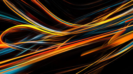 Bright neon lines in orange, yellow, and blue sweeping across a black background, creating a dynamic, abstract, and futuristic design.の素材