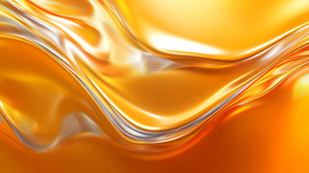 A warm gradient shifting from deep orange to golden yellow, with smooth wavy lines in silver curving across the background, creating flow and energy.の素材