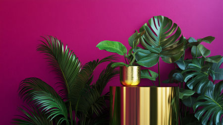 A gold-framed podium with large tropical leaves cascading around, set against a bold magenta wall for a striking, luxurious presentation.の素材