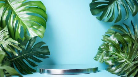 A luxurious silver round podium with vibrant tropical monstera leaves framing the display, set against a light sky-blue backdrop for a refreshing look.の素材