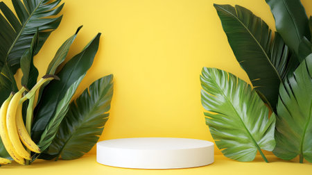 A modern white round podium surrounded by oversized banana leaves, set against a soft yellow background for a clean and natural display.の素材