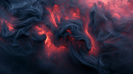 Bold, dark clouds of smoky red and black twist and turn, creating a dramatic and intense abstract background with flowing, organic shapes.の素材
