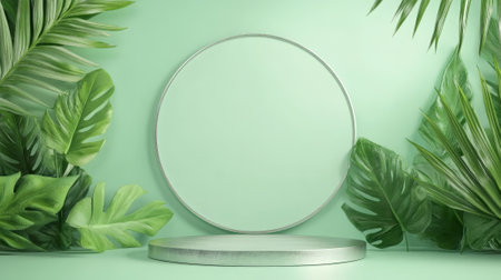 A modern, circular podium with a silver finish, framed by tropical leaves, set against a pastel green wall for a fresh and stylish presentation.の素材