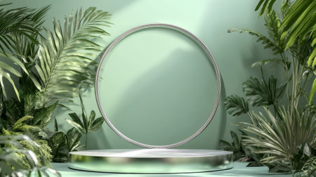 A modern, circular podium with a silver finish, framed by tropical leaves, set against a pastel green wall for a fresh and stylish presentation.の素材
