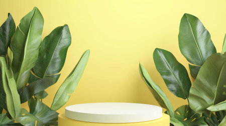 A modern white round podium surrounded by oversized banana leaves, set against a soft yellow background for a clean and natural display.の素材