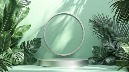 A modern, circular podium with a silver finish, framed by tropical leaves, set against a pastel green wall for a fresh and stylish presentation.の素材