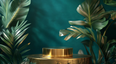 A luxurious gold podium surrounded by tropical palm leaves, set against a muted teal wall for an elegant and nature-inspired display.の素材