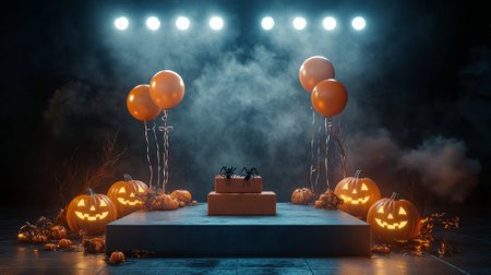 A haunted podium with orange pumpkin-shaped balloons, a small Halloween gift box with spiders, and eerie lights illuminating the dark stage.の素材
