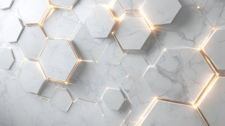 Modern network-themed background with hexagonal shapes in white and light gray, connected by fine gold lines, creating a sophisticated and professional design.の素材