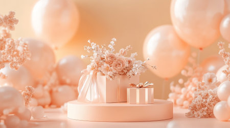 A soft peach podium with delicate floral accents, surrounded by pastel pink balloons and a gift box with satin ribbon for a charming Mother's Day display.の素材