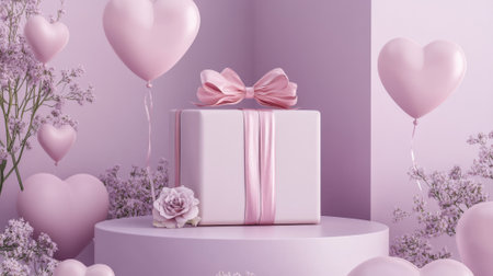 A soft lavender podium surrounded by heart-shaped pink balloons, a large wrapped gift box with ribbon, and delicate flowers arranged for Mother's Day.の素材
