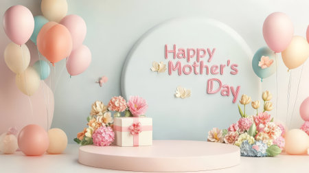 A round podium in soft pastel colors, with colorful balloons and a small gift box, adorned with flowers and "Happy Mother's Day" written elegantly in the background.の素材
