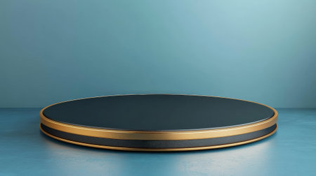 Luxurious 3D round platform with a matte black surface and gold accents, set against a soft blue gradient background for premium product display.の素材
