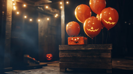 A haunted podium with orange pumpkin-shaped balloons, a small Halloween gift box with spiders, and eerie lights illuminating the dark stage.の素材