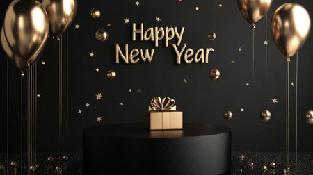 A luxurious black podium with floating metallic balloons, a shimmering gold gift box, and a sparkling "Happy New Year" sign above for a grand celebration.の素材