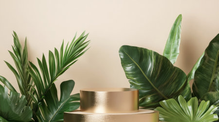 A sleek, matte gold podium surrounded by oversized banana leaves, set against a soft beige background for an elegant and natural presentation.の素材
